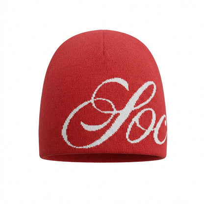 Society script logo beanie (red)